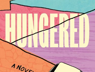 Book cover for 'Hungered' by Amanda Rizkalla, featuring a stylized illustration of a small white car driving up a salmon-colored path that cuts through blocks of teal and purple.