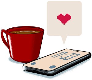 Illustration of a red coffee mug next to a smartphone with a speech bubble containing a pixelated heart icon above the phone.