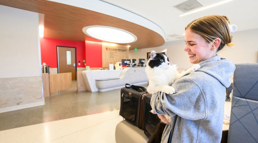 A smiling woman in a gray hoodie holds a fluffy black-and-white cat in a bright, modern veterinary clinic lobby with a curved reception desk in the background.