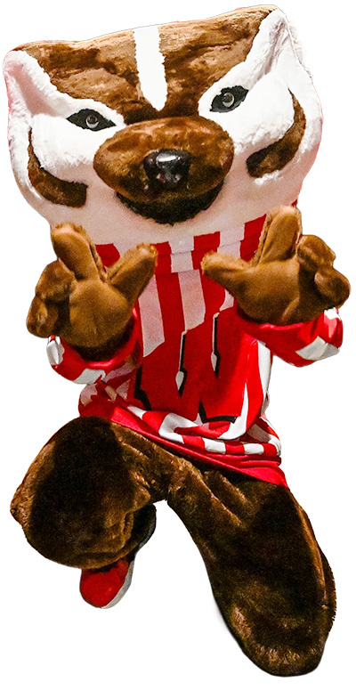 Image of the Bucky Badger mascot making the 'W' sign with his paws.