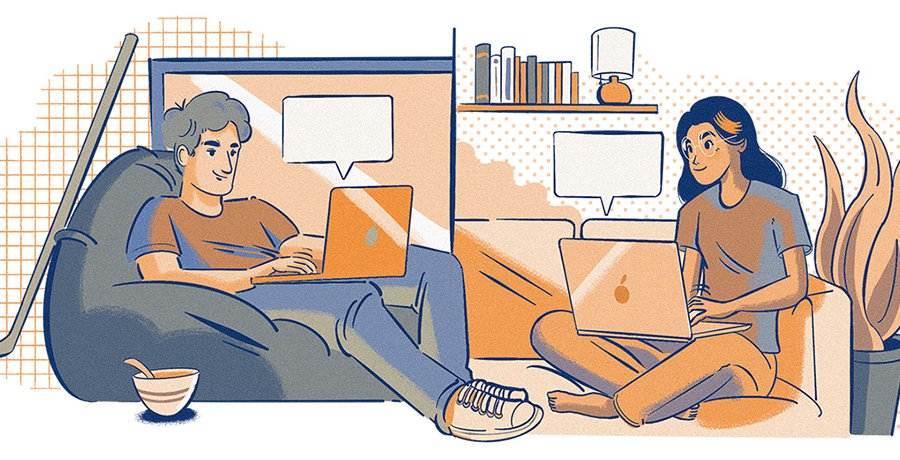 Illustration showing two young people sitting in a room, both typing on laptops.