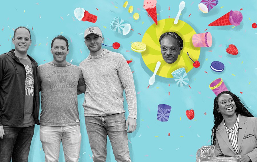 Black-and-white and color collage showing three people standing together and another seated at a table, surrounded by illustrated ice cream, fruit, and confetti on a bright blue background.