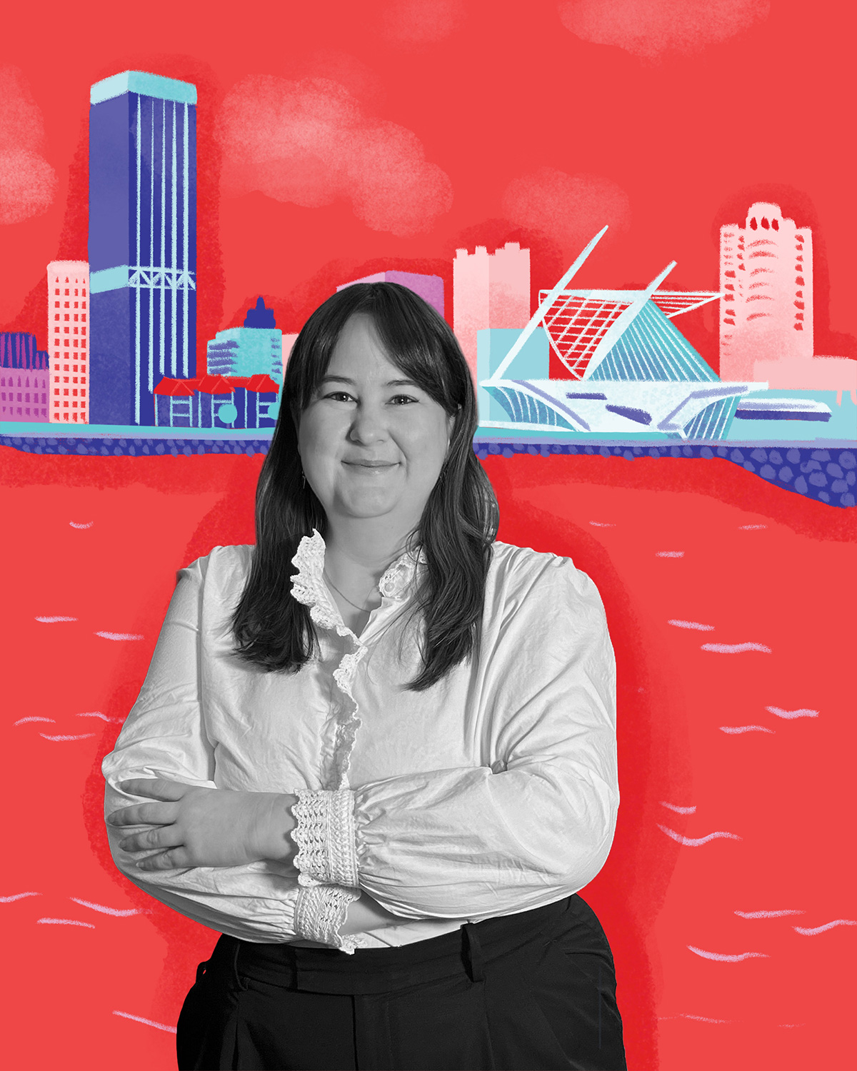 A woman stands with arms crossed in front of an illustrated Milwaukee city skyline on a bright red background, featuring stylized buildings and water in contrasting colors.