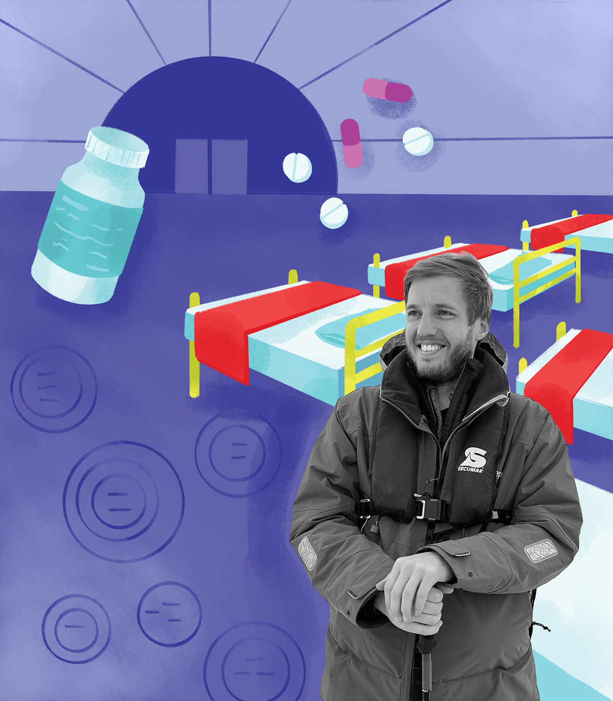 Illustrated collage shows a person in outdoor clothing in front of stylized dorm-style beds and a building, with floating pills and a medicine bottle around them against a blue background.