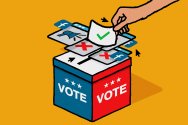 An illustration on a yellow background showing a hand placing a ballot with a green checkmark into a blue and red box labeled 'VOTE', while navigating through digital windows with red 'X' marks and Facebook icons.