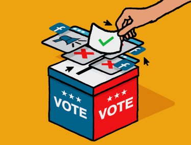 An illustration on a yellow background showing a hand placing a ballot with a green checkmark into a blue and red box labeled 'VOTE', while navigating through digital windows with red 'X' marks and Facebook icons.