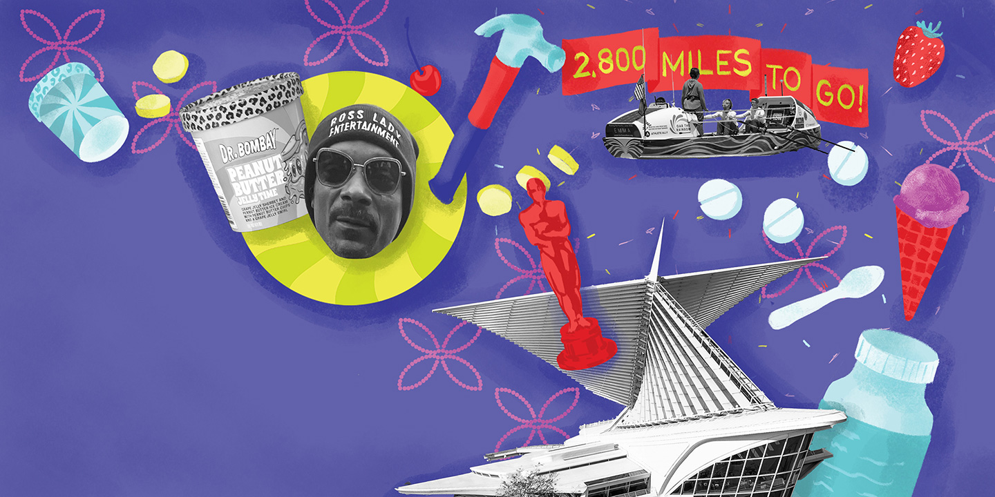Illustrated collage on a purple background combining a grayscale image of Snoop Dogg's face, a boat with '2,800 miles to go' text, the Milwaukee Art Museum, and colorful items like tools, pills, ice cream, and fruit arranged in a playful, graphic style.