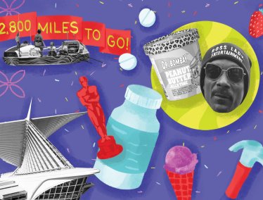 Illustrated collage on a purple background combining a grayscale image of Snoop Dogg's face, a boat with '2,800 miles to go' text, the Milwaukee Art Museum, and colorful items like tools, pills, ice cream, and fruit arranged in a playful, graphic style.