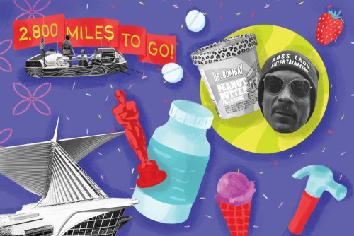 Illustrated collage on a purple background combining a grayscale image of Snoop Dogg's face, a boat with '2,800 miles to go' text, the Milwaukee Art Museum, and colorful items like tools, pills, ice cream, and fruit arranged in a playful, graphic style.