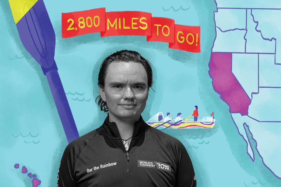 Person wearing a rowing jacket stands in front of an illustrated background featuring a map, a boat, an oar, and a banner reading '2,800 miles to go!'.