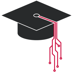 A graphic illustration of a black graduation cap with a tassel styled as red digital circuit board lines.