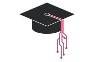 A graphic illustration of a black graduation cap with a tassel styled as red digital circuit board lines.