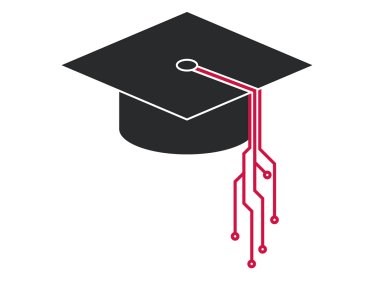A graphic illustration of a black graduation cap with a tassel styled as red digital circuit board lines.