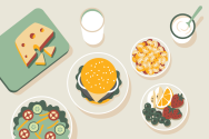 An overhead graphic illustration of various food items, including a cheeseburger, macaroni and cheese, a green salad, fresh fruit, Swiss cheese on a cutting board, and a cup of yogurt.
