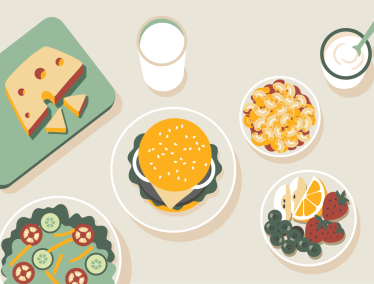 An overhead graphic illustration of various food items, including a cheeseburger, macaroni and cheese, a green salad, fresh fruit, Swiss cheese on a cutting board, and a cup of yogurt.