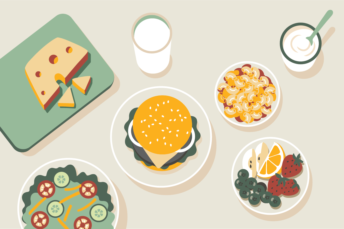 An overhead graphic illustration of various food items, including a cheeseburger, macaroni and cheese, a green salad, fresh fruit, Swiss cheese on a cutting board, and a cup of yogurt.