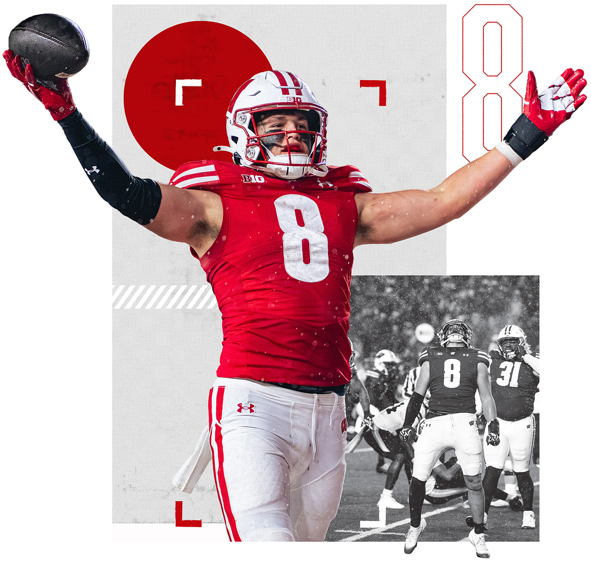 A graphic photo illustration of a Wisconsin Badgers football player wearing jersey number 8 celebrating with his arms raised, set against geometric graphics and an inset game photo.