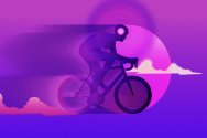 A stylized digital illustration of a cyclist riding a road bike in motion, featuring a glowing light in their head against a vibrant purple and pink backdrop.