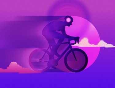 A stylized digital illustration of a cyclist riding a road bike in motion, featuring a glowing light in their head against a vibrant purple and pink backdrop.