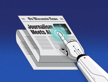 An illustration of a robotic hand touching a newspaper featuring the headline 'Journalism Meets AI.'