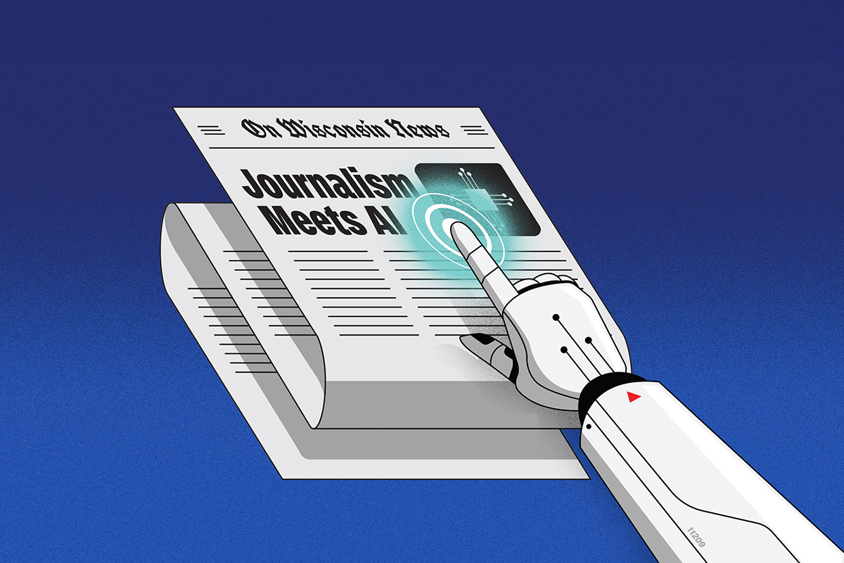An illustration of a robotic hand touching a newspaper featuring the headline 'Journalism Meets AI.'